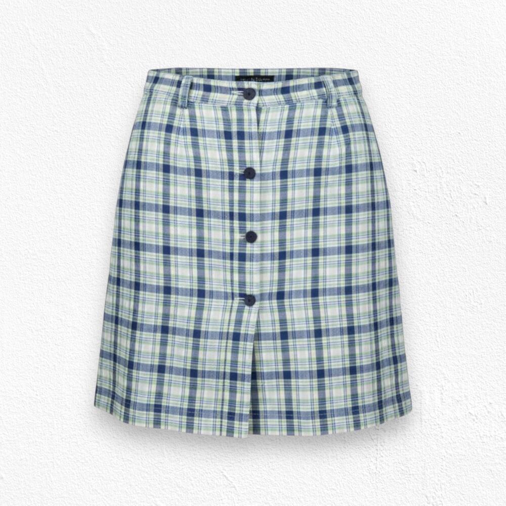Y2K Liz Claiborne Cream Navy Plaid Linen Blend Retro Sportswear Skort Size 14